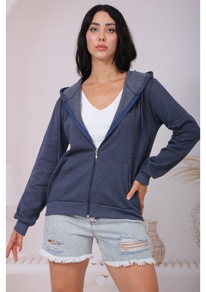 Kadın Içi Tüylü Kapüşonlu Fermuarlı Hırka