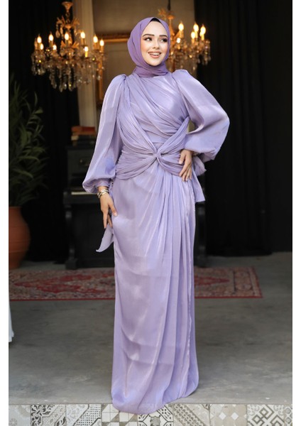Drape Detaylı Lila Tesettür Abiye Elbise 47261LILA