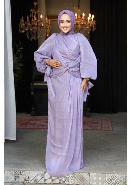 Drape Detaylı Lila Tesettür Abiye Elbise 47261LILA fiyatları