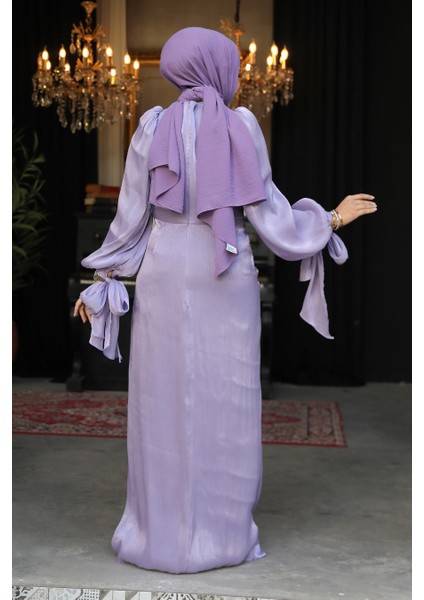 Drape Detaylı Lila Tesettür Abiye Elbise 47261LILA modelleri