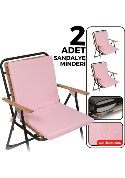 2'li Sandalye Minderi Su Itici Kumaş 40X40 cm Sünger Sırtlıklı Sandalye Minderi Bağcıklı Pembe