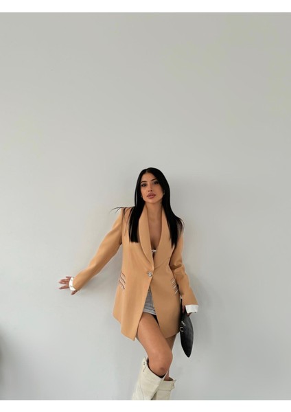 Double Kumaş Taş Detaylı Ceket - Camel