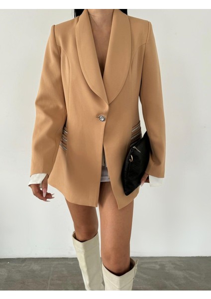 Double Kumaş Taş Detaylı Ceket - Camel modelleri