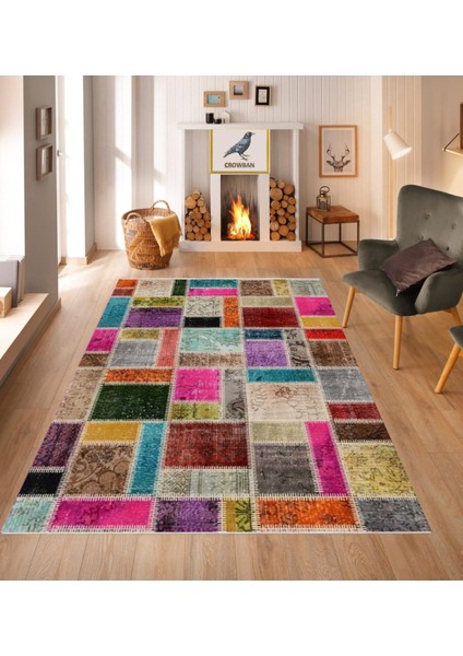 Kaymaz Taban Makinada Yıkanabilir Salon Halısı Mutfak Yuvarlak Halı Bohem Cool Halı Yolluk