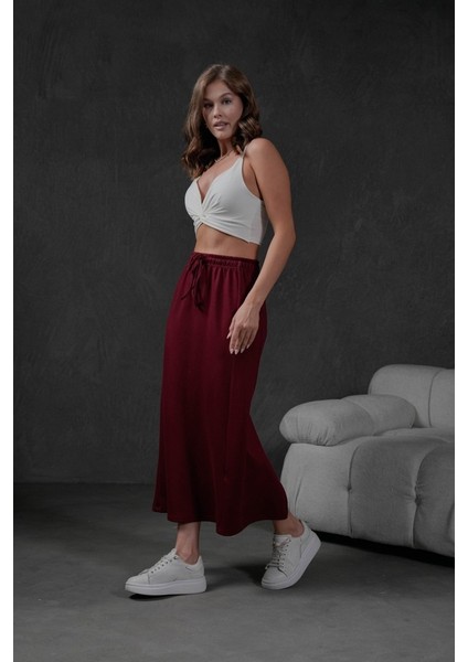 Bordo Örme Modal Beli Lastikli Yırtmaçlı Uzun Kadın Etek 28035