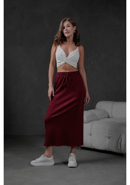 Bordo Örme Modal Beli Lastikli Yırtmaçlı Uzun Kadın Etek 28035 fiyatları