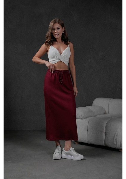 Bordo Örme Modal Beli Lastikli Yırtmaçlı Uzun Kadın Etek 28035 modelleri