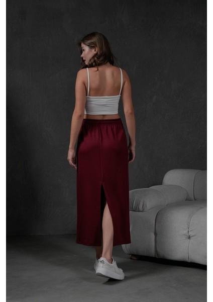 Bordo Örme Modal Beli Lastikli Yırtmaçlı Uzun Kadın Etek 28035 fırsatları