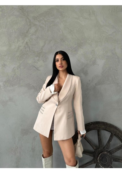 Double Kumaş Taş Detaylı Ceket - Bej
