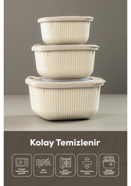 3lü Mikrodalga ve Difrize Uygun Vip Kapaklı Özel Saklama Kabı Seti Bej modelleri