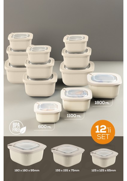 12LI 4X(600-1100-1800 Ml) Mikrodalga ve Difrize Uygun Vip Kapaklı Özel Saklama Kabı Seti Bej