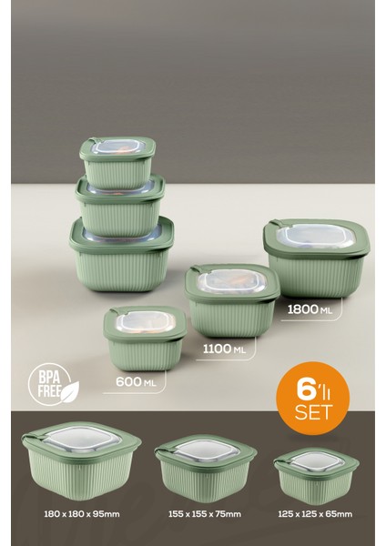 6lı 2X(600-1100-1800 Ml) Mikrodalga ve Difrize Uygun Vip Kapaklı Özel Saklama Kabı Seti Yeşil
