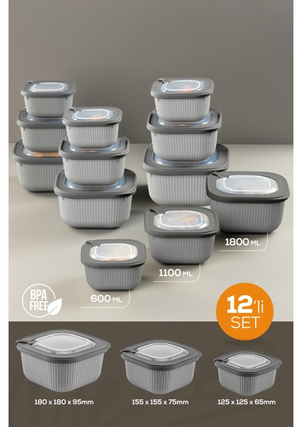 12LI 4X(600-1100-1800 Ml) Mikrodalga ve Difrize Uygun Vip Kapaklı Özel Saklama Kabı Seti Antrasit