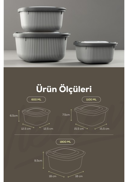12LI 4X(600-1100-1800 Ml) Mikrodalga ve Difrize Uygun Vip Kapaklı Özel Saklama Kabı Seti Antrasit