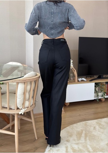 Kaplamalı Siyah Kadın Wide Leg Jean Yüksek Bel Palazzo Likralı Esnek Kot Pantolon JESSİCA-2037