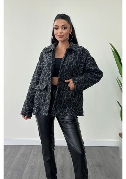 Leopar Desenli Kaşe Kumaş Kaban - Siyah