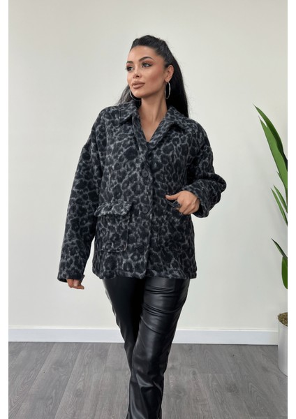 Leopar Desenli Kaşe Kumaş Kaban - Siyah modelleri