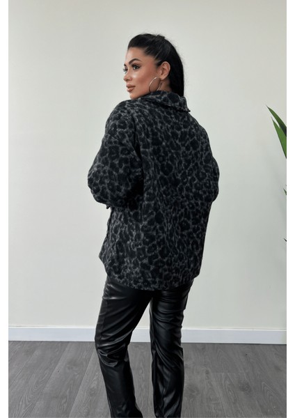 Leopar Desenli Kaşe Kumaş Kaban - Siyah indirimleri