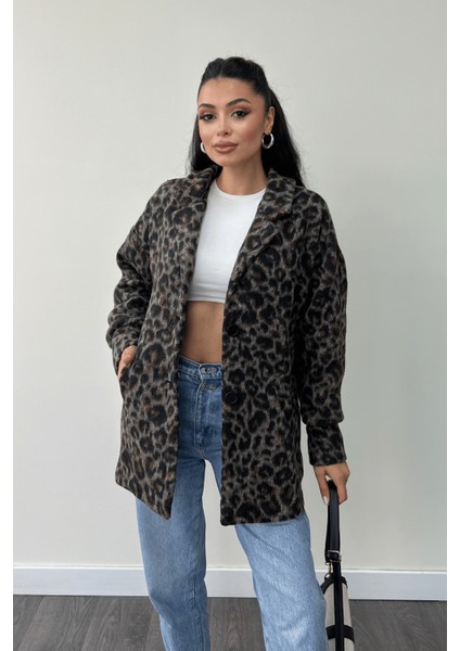 Leopar Desenli Kaşe Kumaş Kaban - Kahverengi