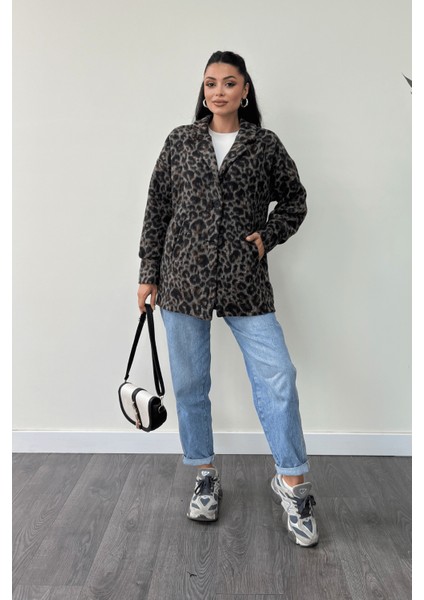 Leopar Desenli Kaşe Kumaş Kaban - Kahverengi fırsatları