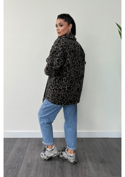 Leopar Desenli Kaşe Kumaş Kaban - Kahverengi indirimleri