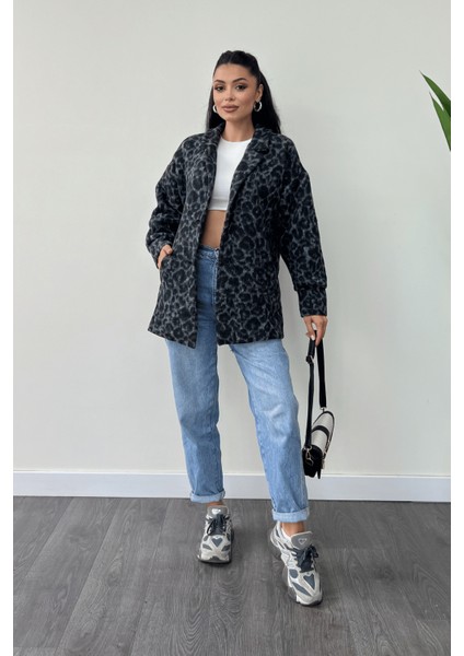 Leopar Desenli Kaşe Kumaş Kaban - Siyah