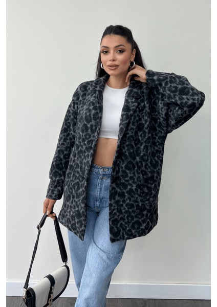 Leopar Desenli Kaşe Kumaş Kaban - Siyah fiyatları