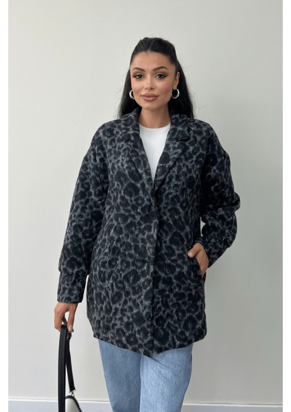 Leopar Desenli Kaşe Kumaş Kaban - Siyah fırsatları