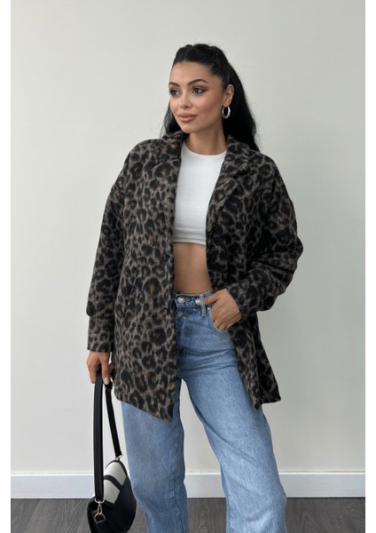 Leopar Desenli Kaşe Kumaş Kaban - Kahverengi modelleri
