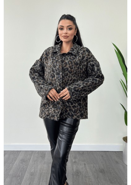 Leopar Desenli Kaşe Kumaş Kaban - Kahverengi modelleri