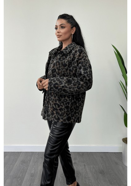 Leopar Desenli Kaşe Kumaş Kaban - Kahverengi fırsatları