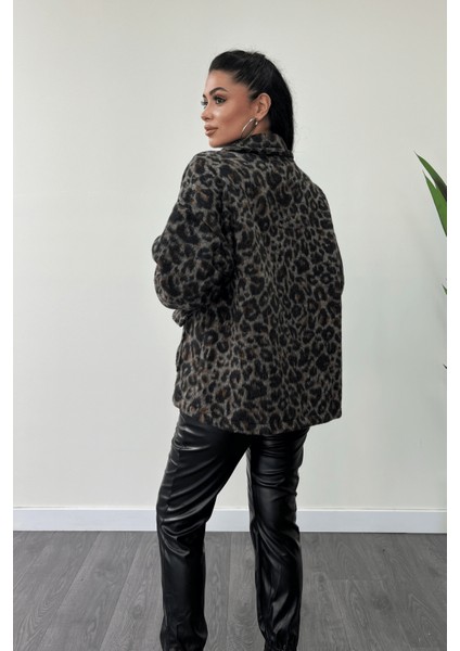 Leopar Desenli Kaşe Kumaş Kaban - Kahverengi indirimleri