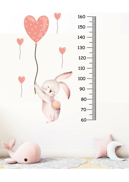 Tavşan Kırmızı Kalp Temalı Boy Ölçer Boy Ölçme Cetveli Çocuk Odası Duvar Sticker Seti
