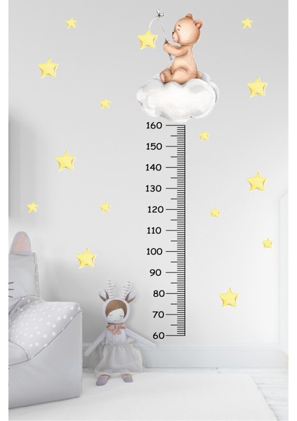 Bulutta Oturan Balıkçı Ayıcık Yıldız Temalı Boy Ölçer Boy Ölçme Cetveli Çocuk Odası Duvar Sticker
