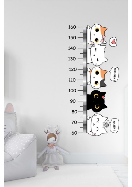 Cetvelden Bakan Sevimli Kedi Temalı Boy Ölçer Boy Ölçme Cetveli Çocuk Odası Duvar Sticker