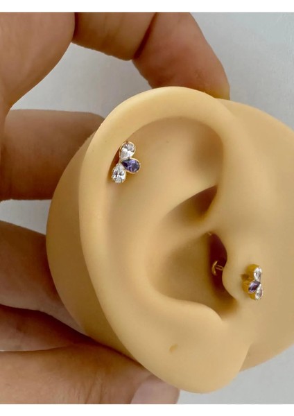 1 Adet G23 Titanium ( Titanyum ) Mor Zirkon Taşlı Tragus Helix Conch Lobe Uyumlu Piercing
