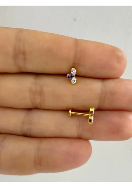 1 Adet G23 Titanium ( Titanyum ) Mor Zirkon Taşlı Tragus Helix Conch Lobe Uyumlu Piercing