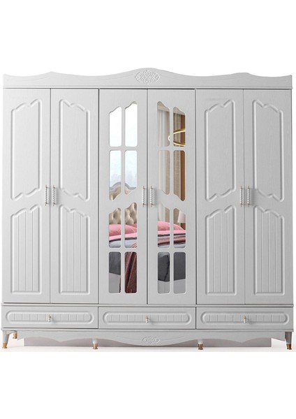 Riga Gardırop-Mdf-Beyaz-240x60x220cm-6 Kapak-Aynalı Kapak-Ücretsiz Nakliye Ve Montaj