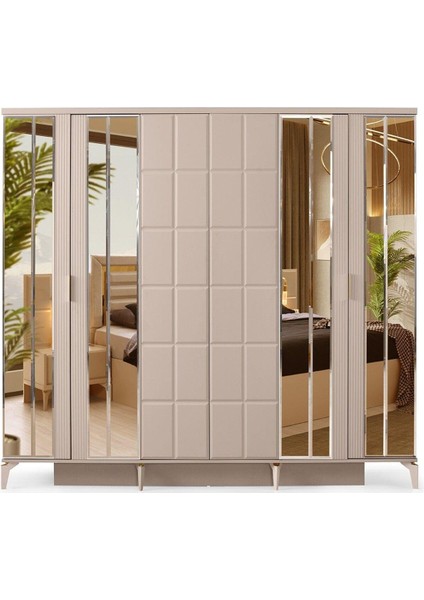 Helsinki Gardırop-Mdf-Kum Beji-240x60x220cm-6 Kapak-Aynalı Kapak-Ücretsiz Nakliye Ve Montaj
