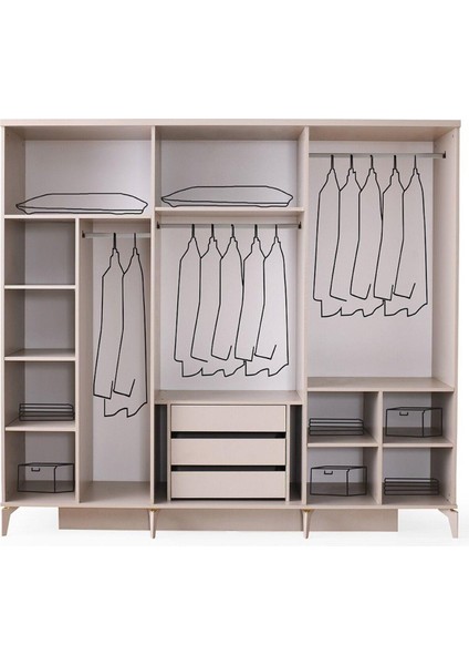 Helsinki Gardırop-Mdf-Kum Beji-240x60x220cm-6 Kapak-Aynalı Kapak-Ücretsiz Nakliye Ve Montaj