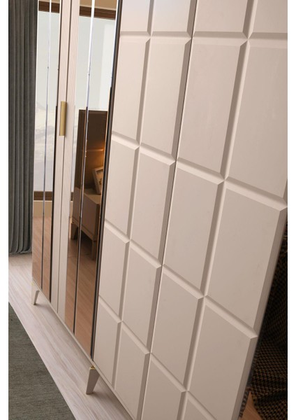 Helsinki Gardırop-Mdf-Kum Beji-240x60x220cm-6 Kapak-Aynalı Kapak-Ücretsiz Nakliye Ve Montaj