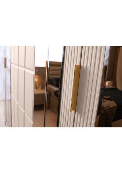 Helsinki Gardırop-Mdf-Kum Beji-240x60x220cm-6 Kapak-Aynalı Kapak-Ücretsiz Nakliye Ve Montaj