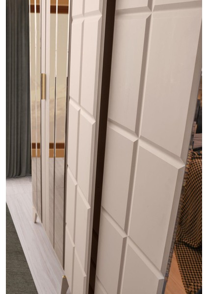 Helsinki Gardırop-Mdf-Kum Beji-240x60x220cm-6 Kapak-Aynalı Kapak-Ücretsiz Nakliye Ve Montaj
