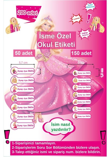 200 adet Barbie temalı Kalem Defter Kitap Kırtasiye Etiketi Okul Etiketi