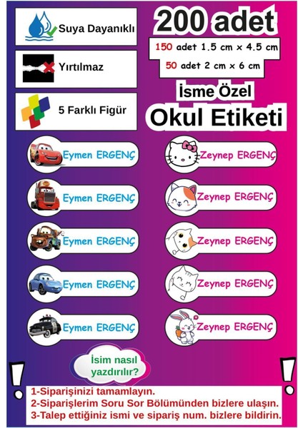Yüksek Kalitede 200 Adet Kişiye Özel Isimli Defter Kalem Okul Etiketi Kırtasiye Sticker