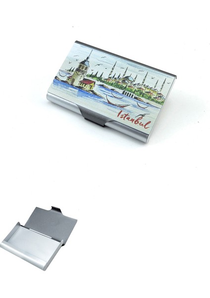 Kız Kulesi ve Cami Baskılı Kaliteli Alüminyum Kartvizitlik Kapaklı Pratik Kartlık (1 Adet) (Ebat: 9,5 cm x 6 cm x 1,2 Cm)