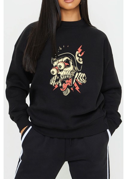 Kuru Kafa Baskılı Siyah Kadın Erkek Pamuklu Sweatshirt Cu5