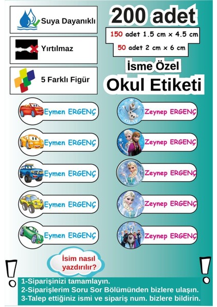 Yüksek Kalitede 200 adet Okul Kreş Etiketi Kalem Defter Özel İsim Yazılabilen Etiket Seti Sticker