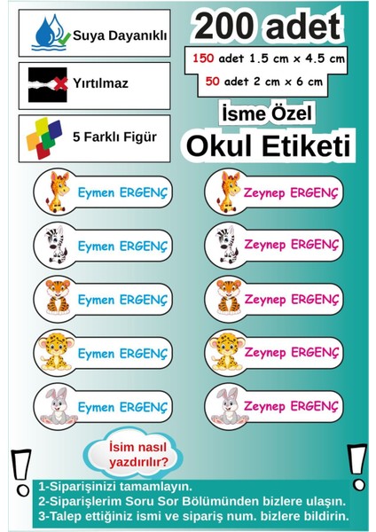 Yüksek Kalitede 200 adet Okul Kreş Etiketi Kalem Defter Özel İsim Yazılabilen Etiket Seti