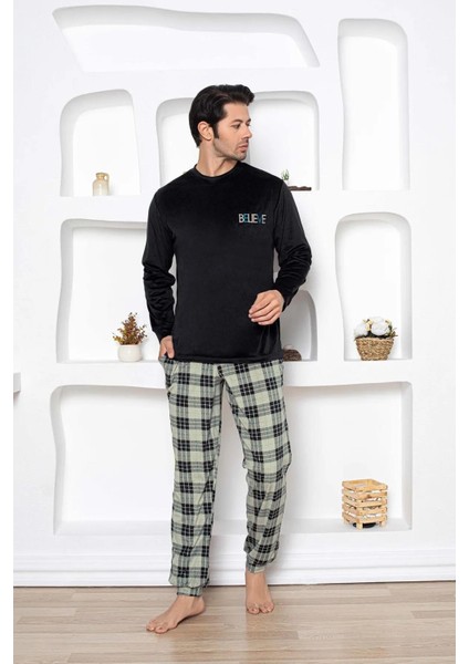 Erkek Kadife Kışlık Bisiklet Yaka Uzun Kol Pijama Takımı 13020 - 1 Adet